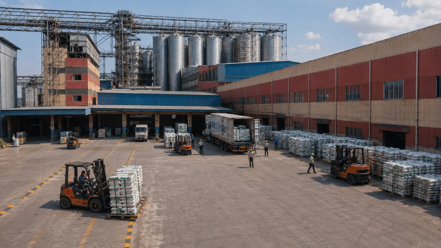 Exterior silos and warehouse