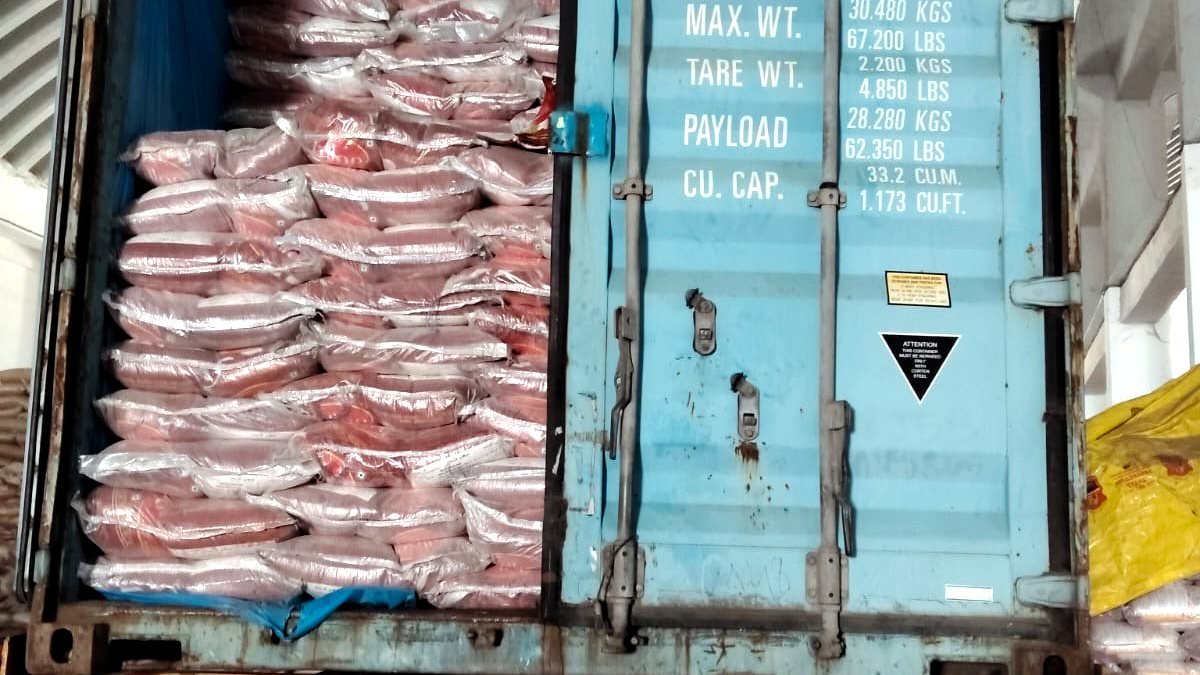 Stacked export bags inside container